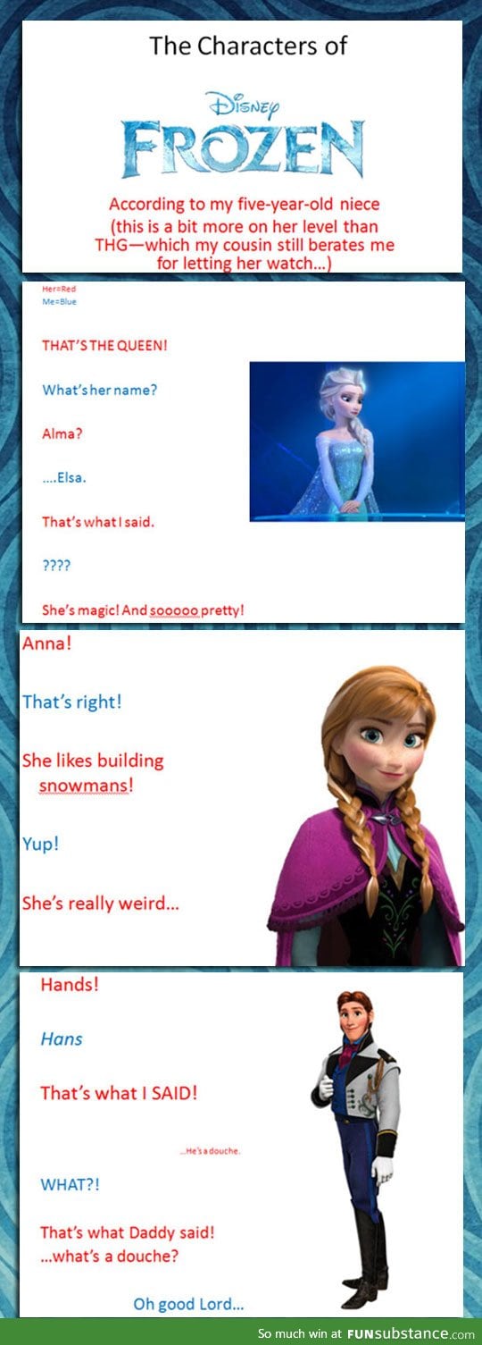 The characters of Frozen according to my five-year-old niece