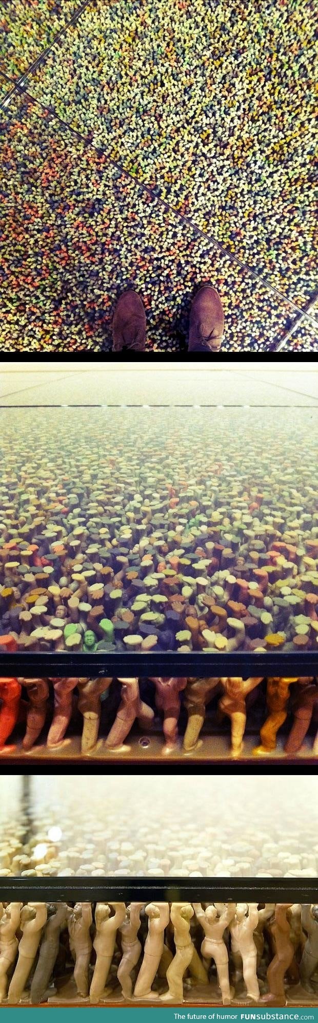 This glass floor is being held up by thousands of plastic toy figures