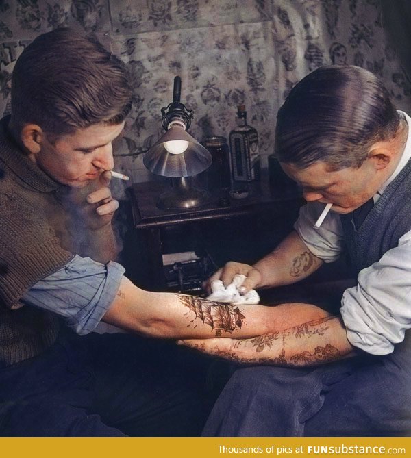 Colorized photo of the tattoo parlor from the 20s
