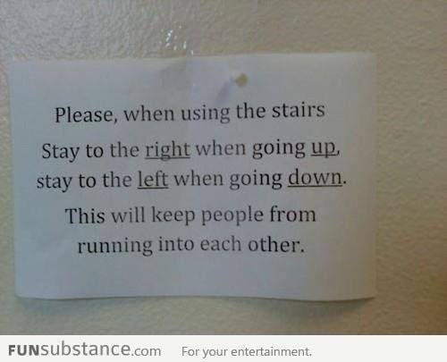 Miscommunication on how to go down stairs