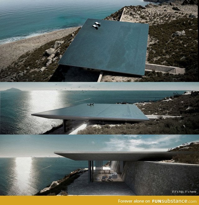 Rimless pool roof which hides the entire house beneath it overlooking the Aegean Sea