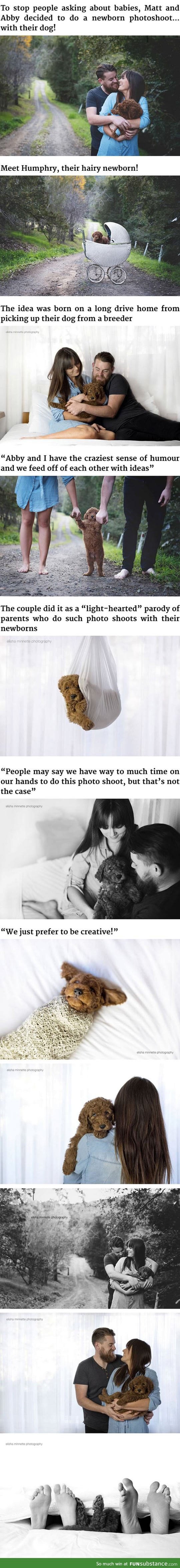 Tired of people asking about babies, they did a newborn photoshoot with... Their dog!