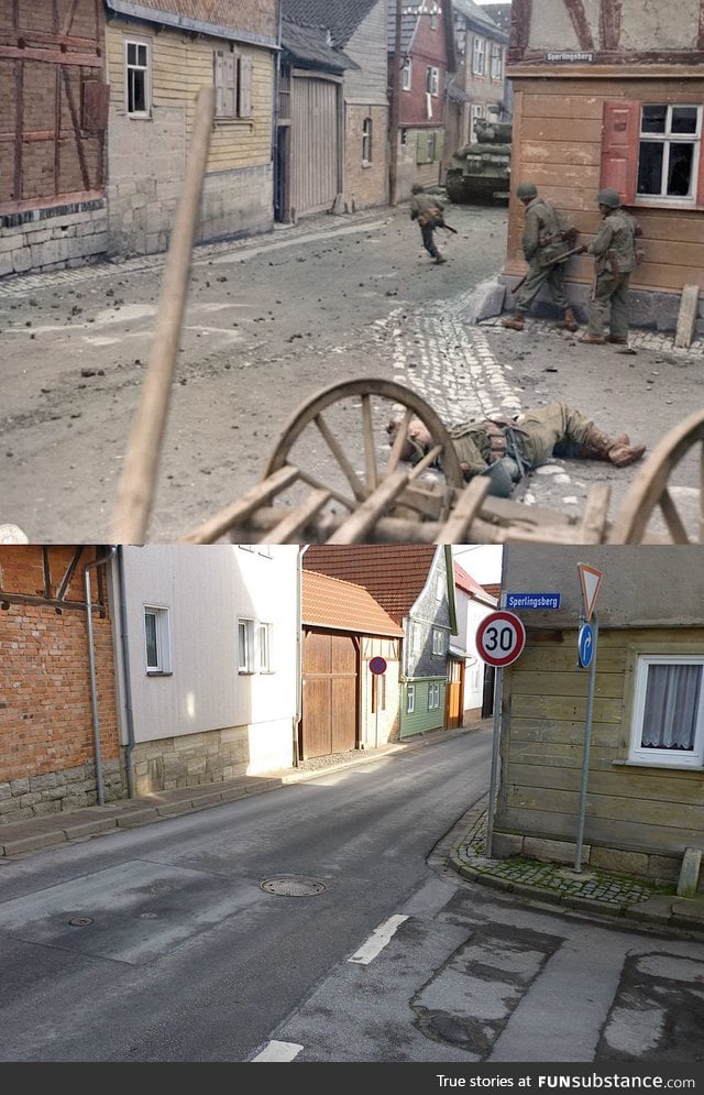 A street in Germany during WWII vs today