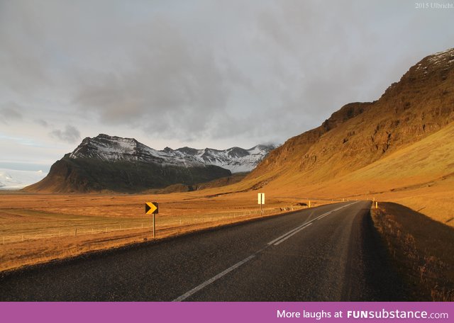 The only main highway in Iceland. It loops around the entire country