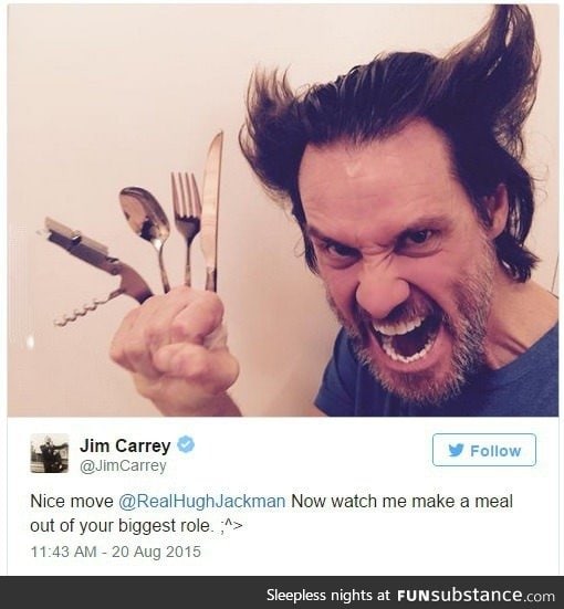 Jim Carrey posted this on his twitter. He's Wolverine!