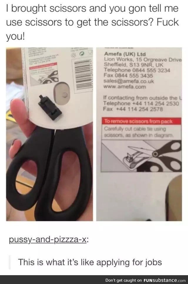 Buys scissors to open scissors