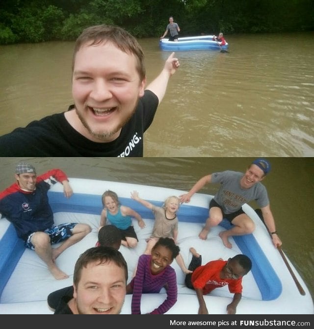 It flooded in Houston, Texas and these guys were rowing an inflatable pool