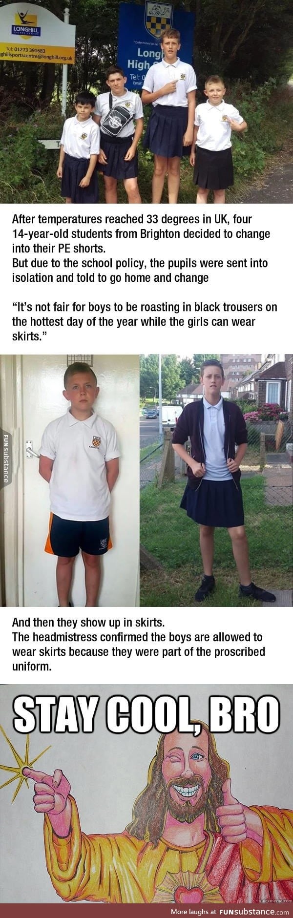 Schoolboys wearing skirts on hot days