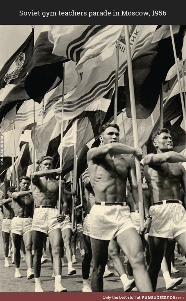 Soviet gym teachers parade in Moscow, 1956