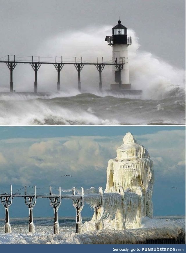 A light house before and after the winter storms