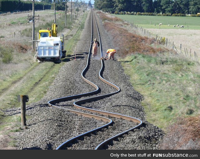 Bent rail tracks after a New Zealand earthquake