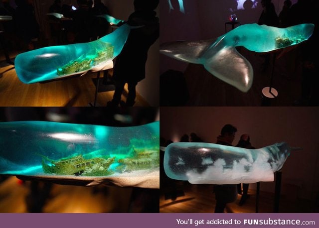 Shipwrecks in translucent whale sculptures