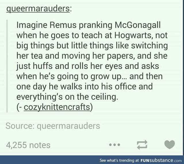 McGonagall getting him back by enchanting his quill to write backwards.