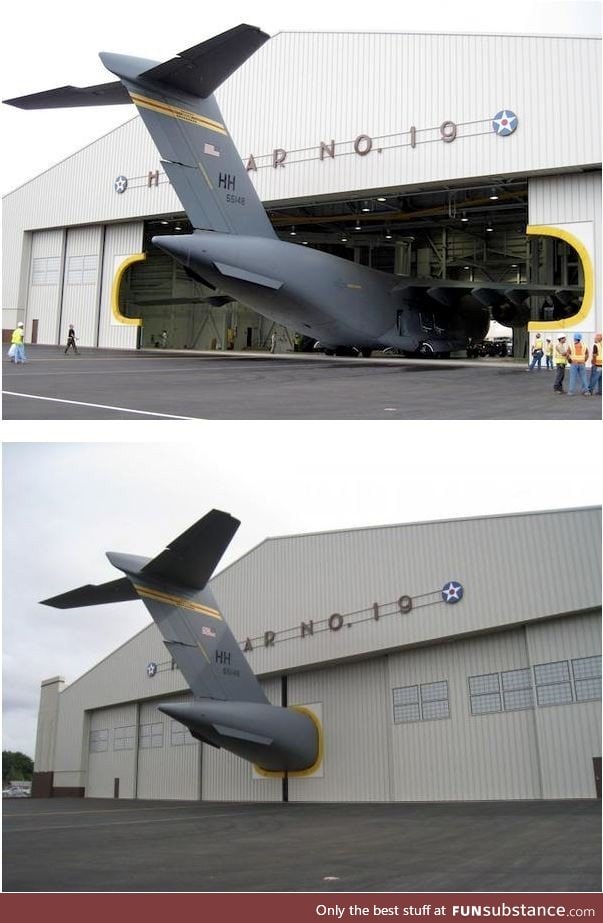 Plane in an undersized hangar