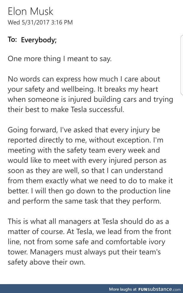 Elon's letter about factory working conditions - he cares a lot!