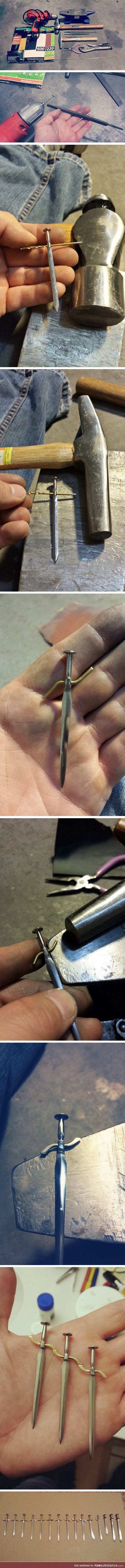 Tiny swords forged from nails