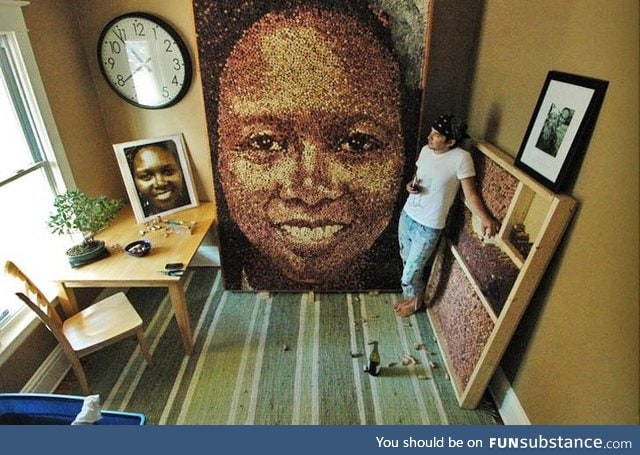 Portrait made out of wine bottle corks. This art is really surprising!