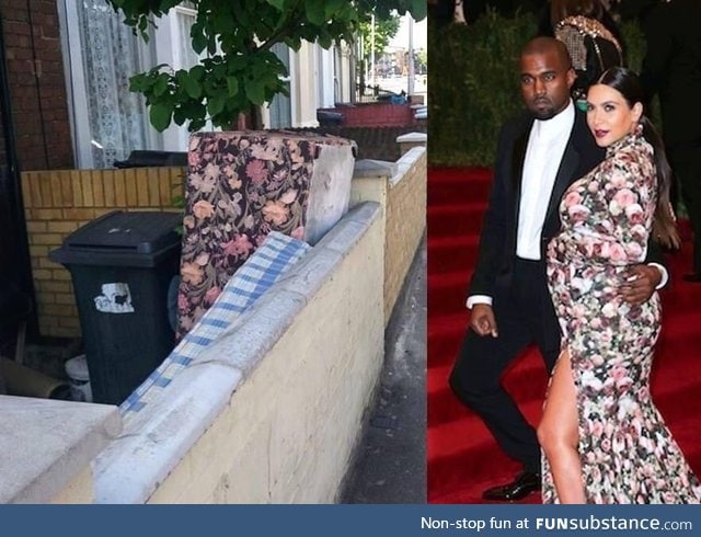 Discarded mattress and trash bin looks like Kim and Kanye