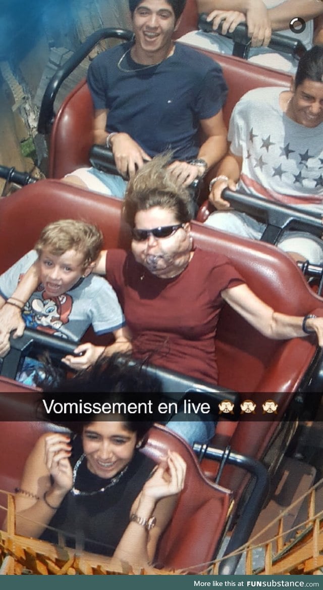 Vomit, on ride, at the photo? I admire that