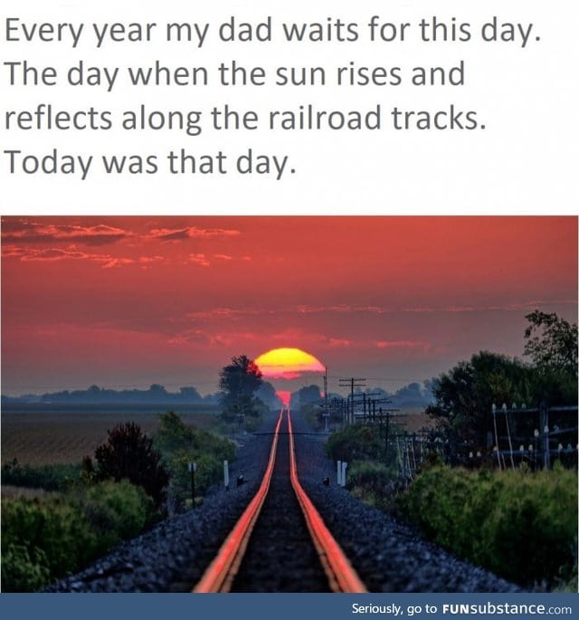Sun rises and reflects along the railroad tracks every year