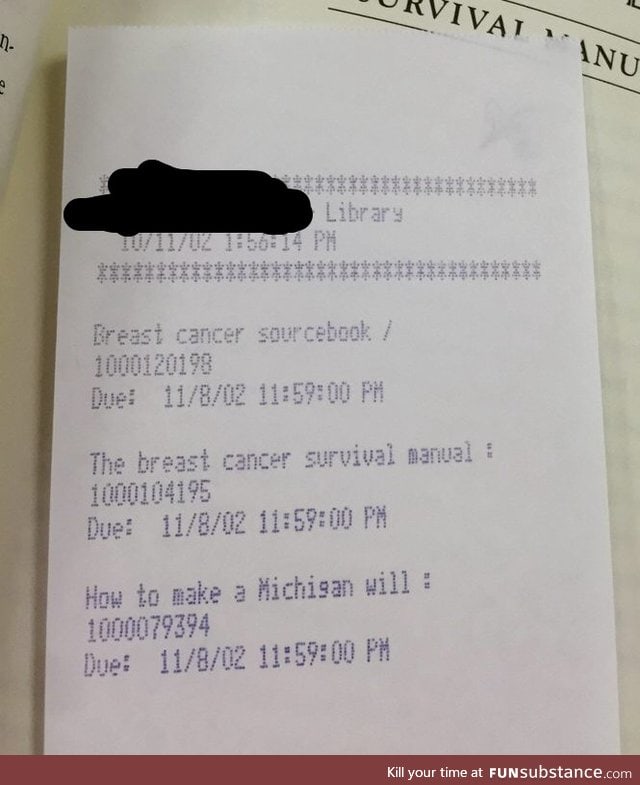 A short, sad story on a library book receipt