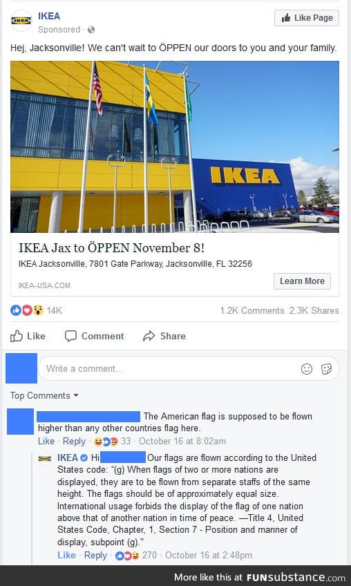 IKEA correcting a concerned American citizen on how to properly display the US flag