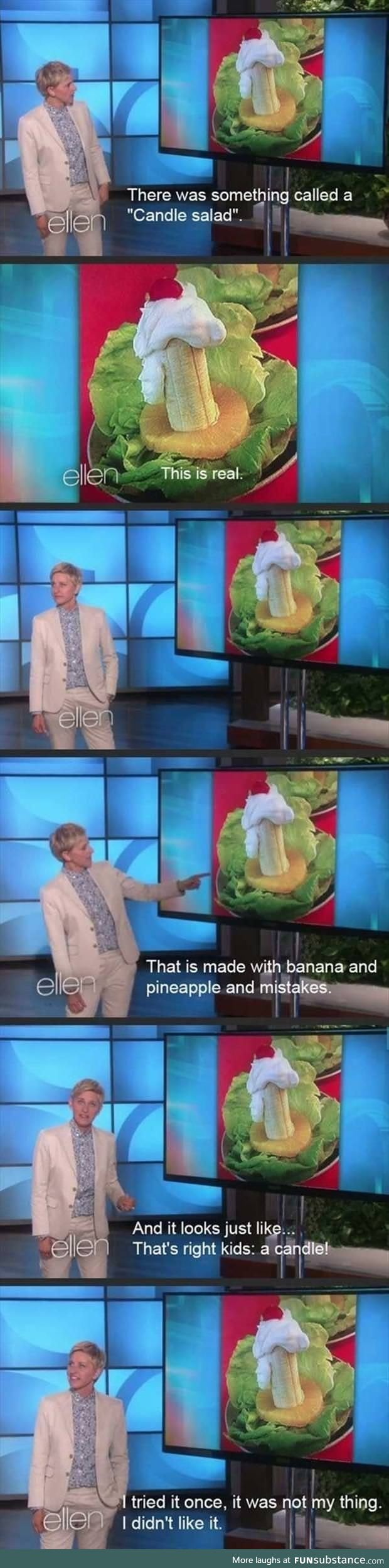 Ellen on candle salad