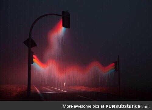 Long exposure picture of traffic lights in rain