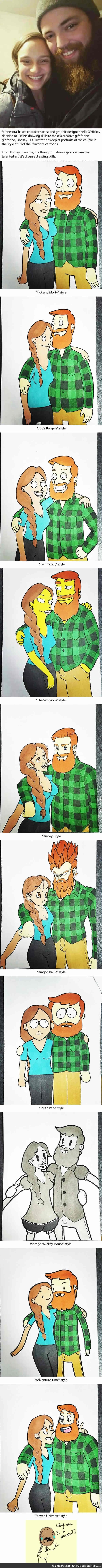 Guy Surprises Girlfriend with Illustrations Of Them Together In 10 Different Styles