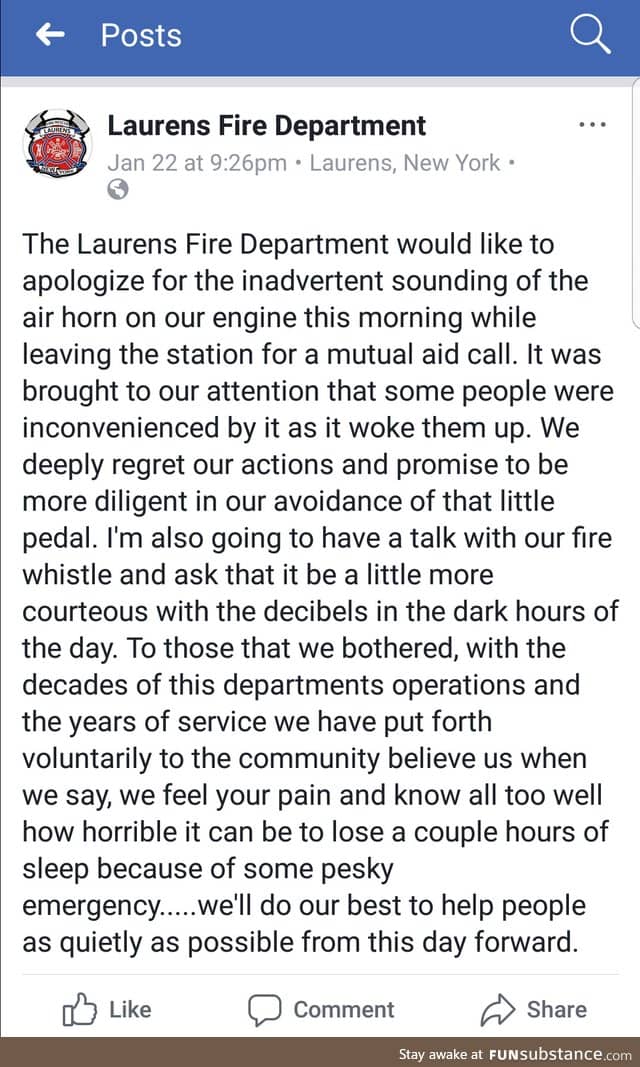 Small town fire department throws shade at people complaining about noise