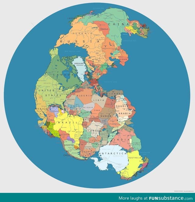 Map of Pangea with current international borders
