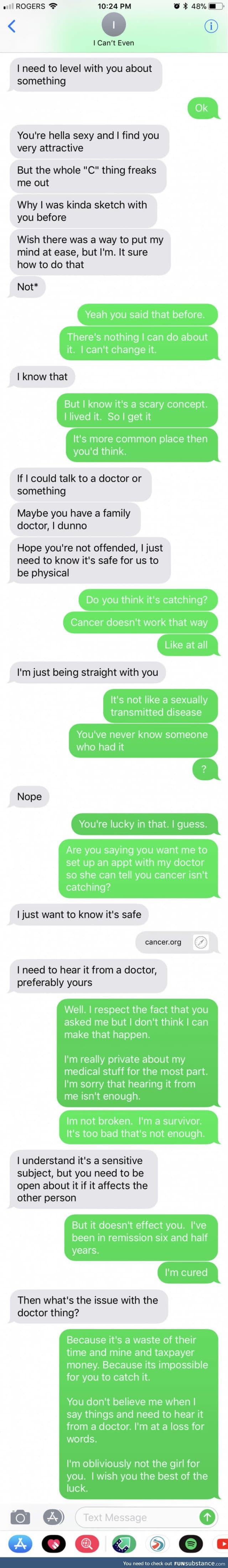 Woman shares texts from man who thought her cancer was contagious