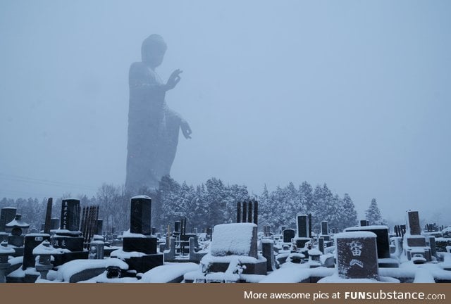 Ushiku Daibutsu in Japan, one of the tallest statues in the world, as seen in this winter
