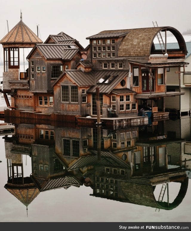 A wooden houseboat