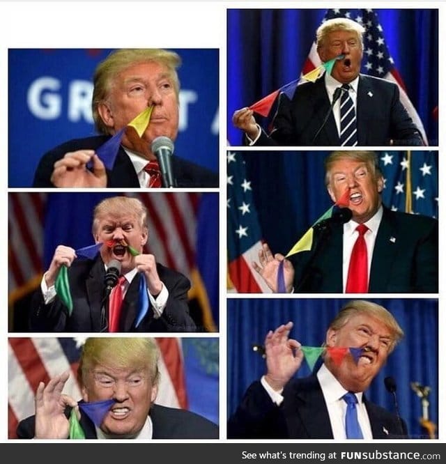 Someone photoshopped Donald Trump pulling colored flags out of his nose