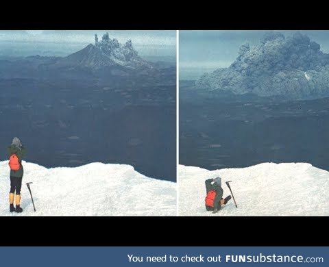 View of Mt Saint Helens eruption from summit of Mt Adam's 5/18/1980