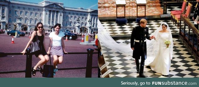 Meghan Markle outside Buckingham Palace aged 15, 22 years ago and today marrying a royal