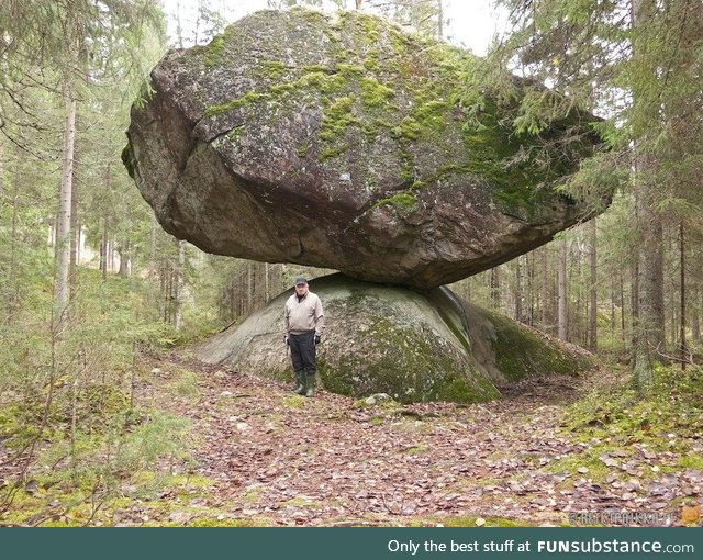 Kummakivi, the largest balancing rock megalith in Ruokolahti, Finland