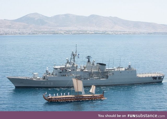 2500 years of naval history in one photo, a modern Greek frigate, and its ancient