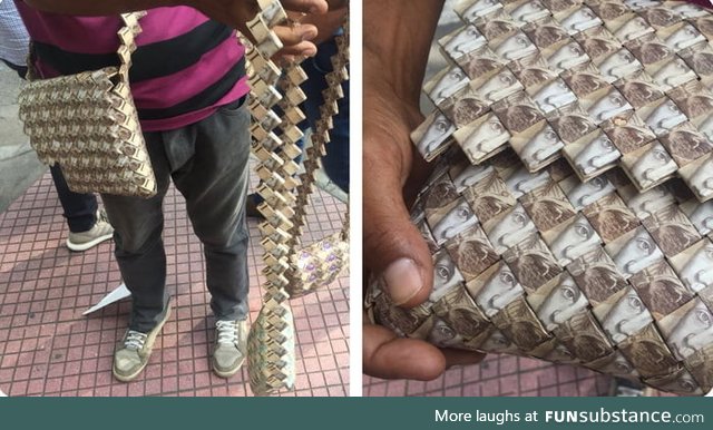Purses and wallets made of legal Venezuelan currency. This is what hyperinflation looks li