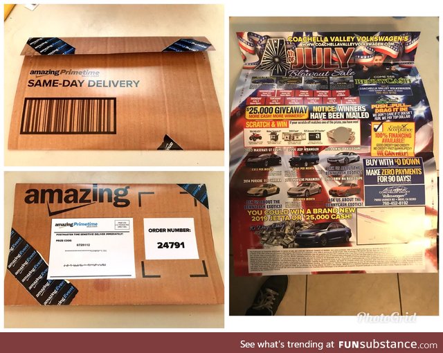advertisment designed to look like an Amazon Package