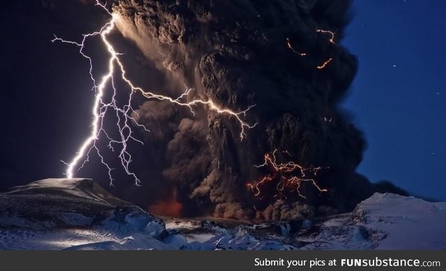 Lightning strike during a volcanic eruption in Iceland