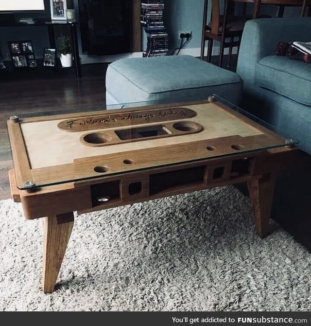 A cassette tape coffee table. Very retro