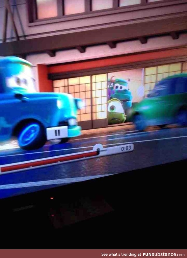 In Cars, you can spot Sully and Mike in cars form!