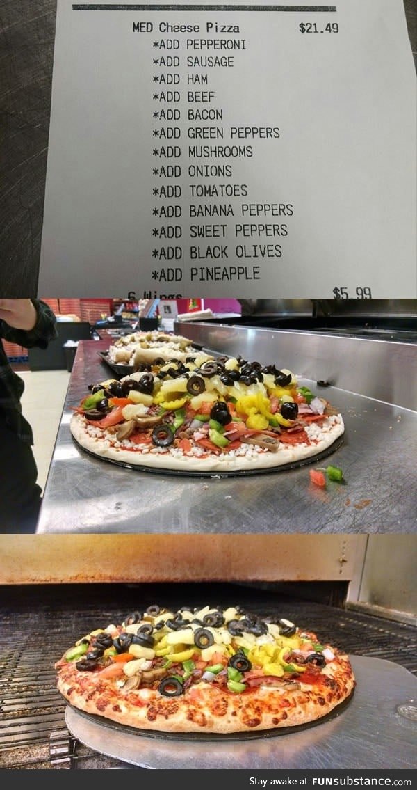 Drunk guy ordered a pizza with every topping