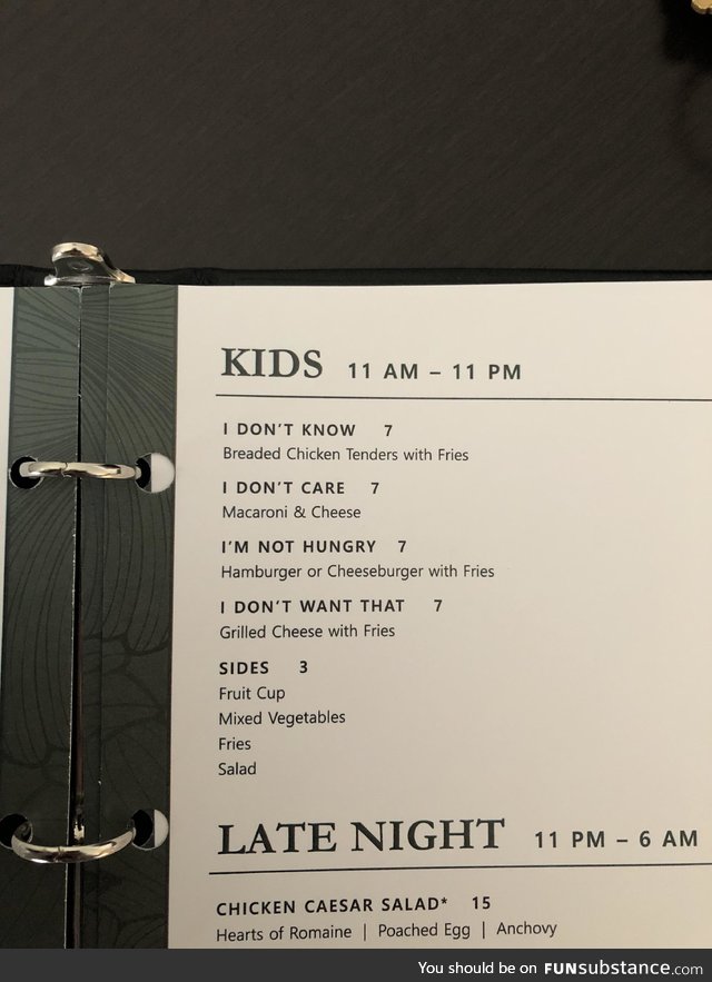 This kids menu at the hotel