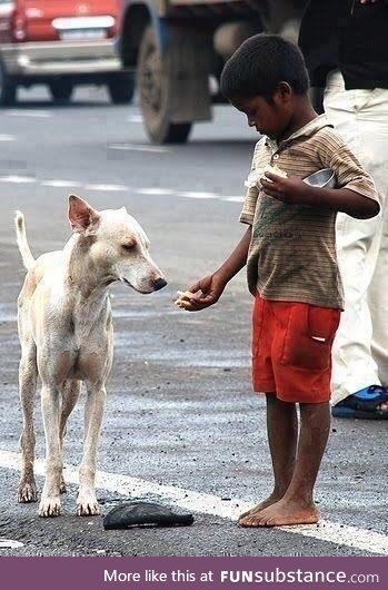 A boy that may not have much still shares with a dog