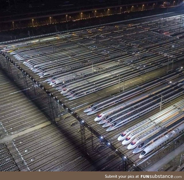 Bullet trains line up in Wuhan, China