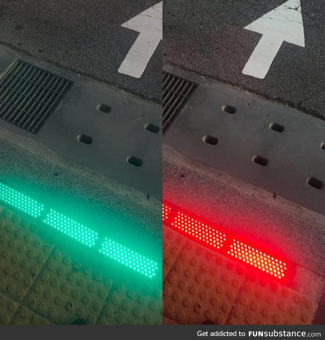 The traffic light on the sidewalk for pedestrians on their phones