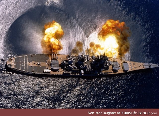 The USS Iowa (BB-61) fires her 16-inch/50 caliber guns